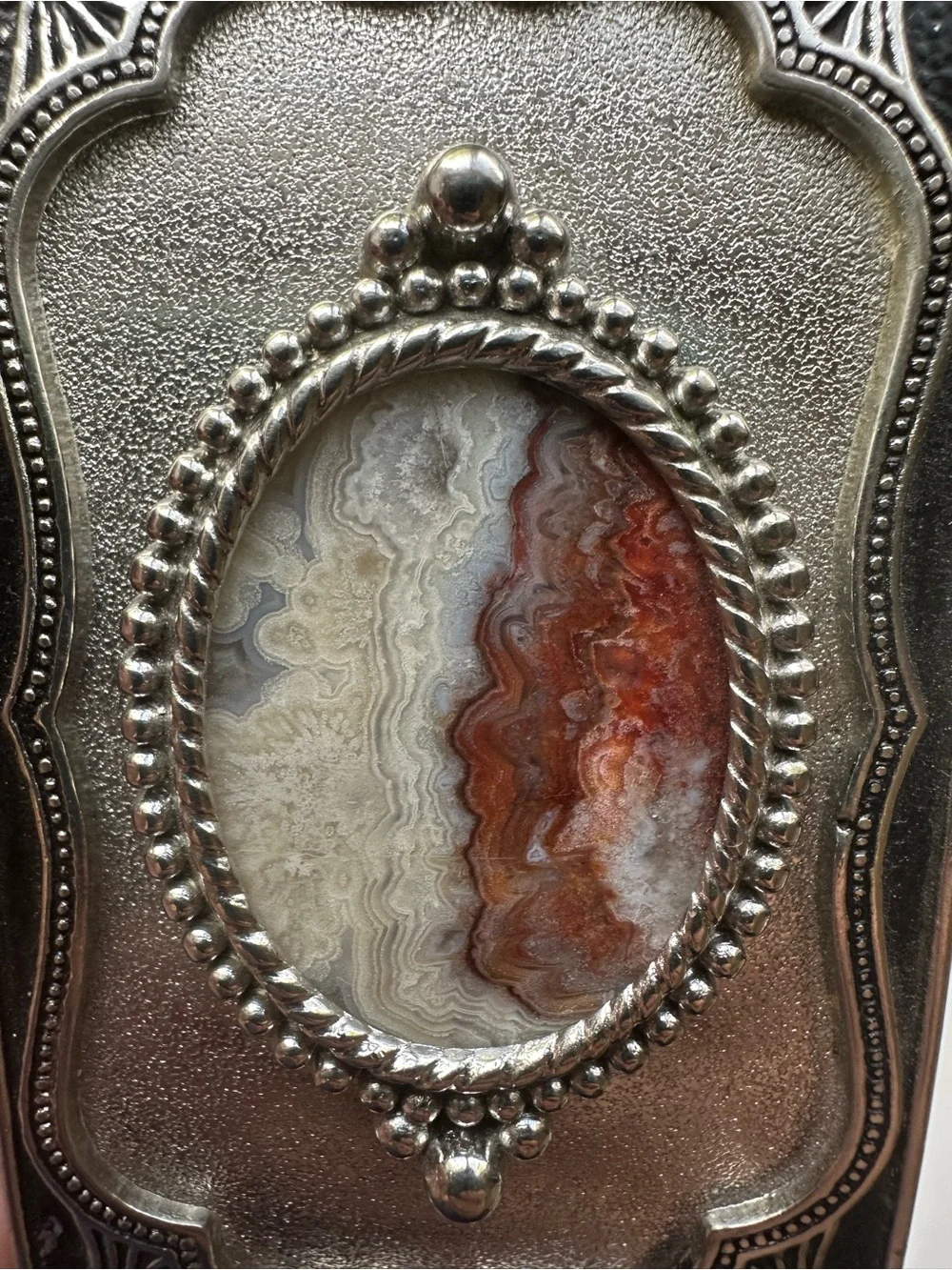Antique-Style Silver Belt Buckle with Resin Agate Center